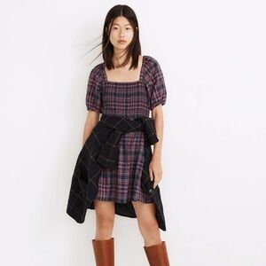 Madewell sz small Lucie Puff-Sleeve Smocked Mini Dress in Rockfern Plaid